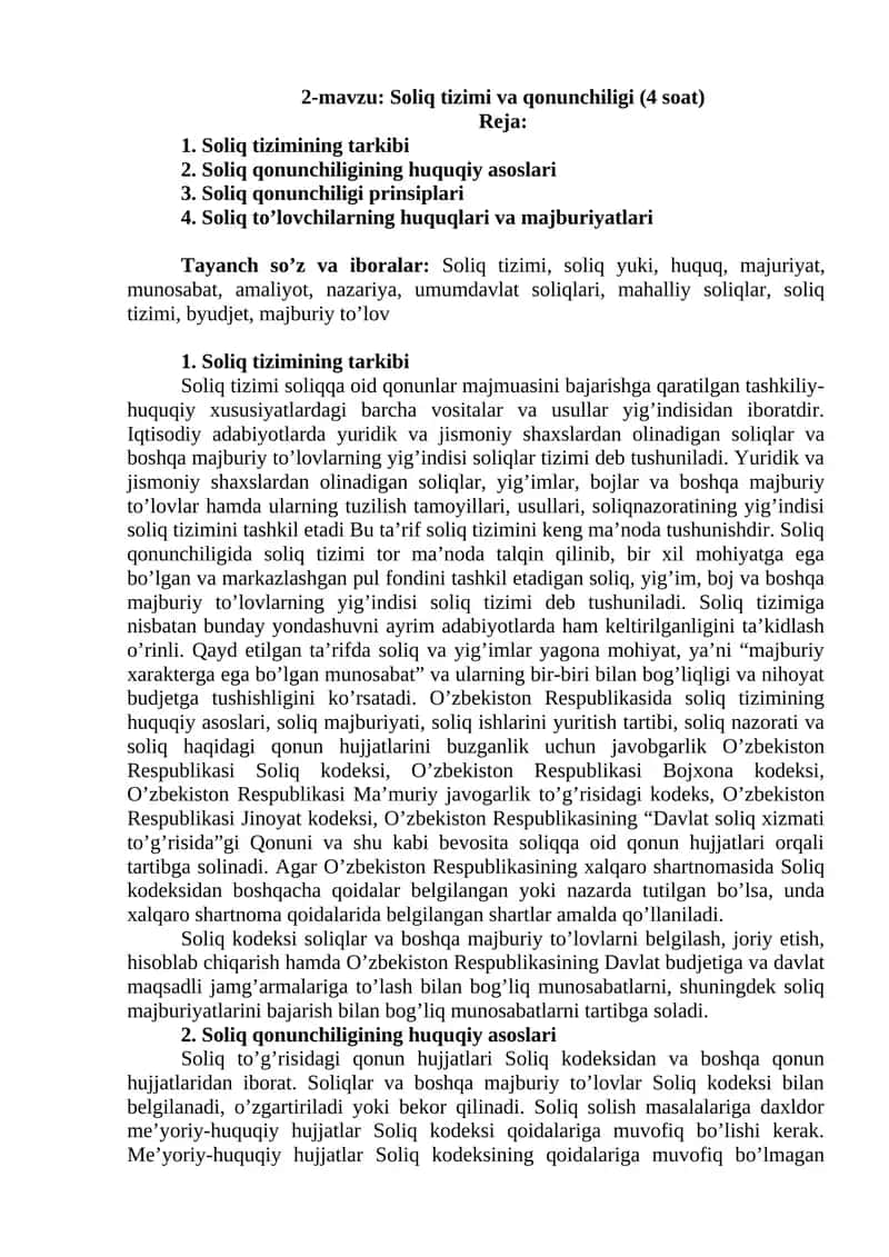 Soliq tizimi va qonunchiligi (4 soat) 1