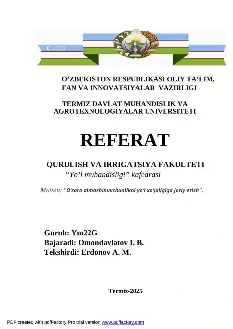 O‘zaro almashinuvchanlikni yo‘l xo‘jaligiga joriy etish