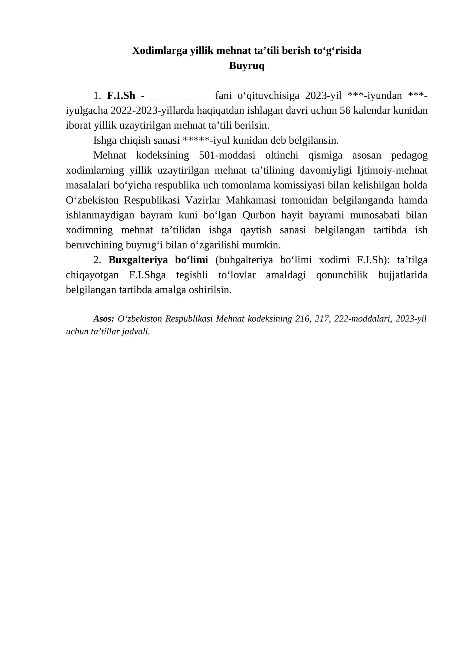 Xodimlarga yillik mehnat ta’tili berish to‘g‘risida 1