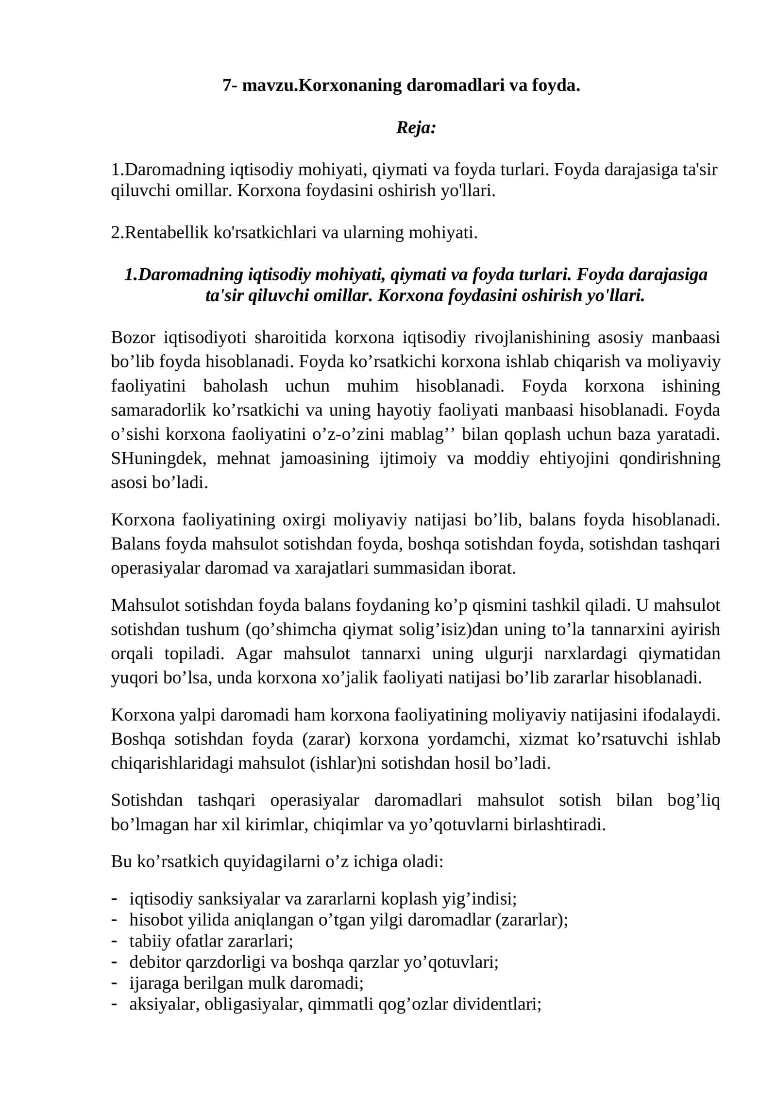 7-mavzu.Korxonaning daromadlari va foyda 1
