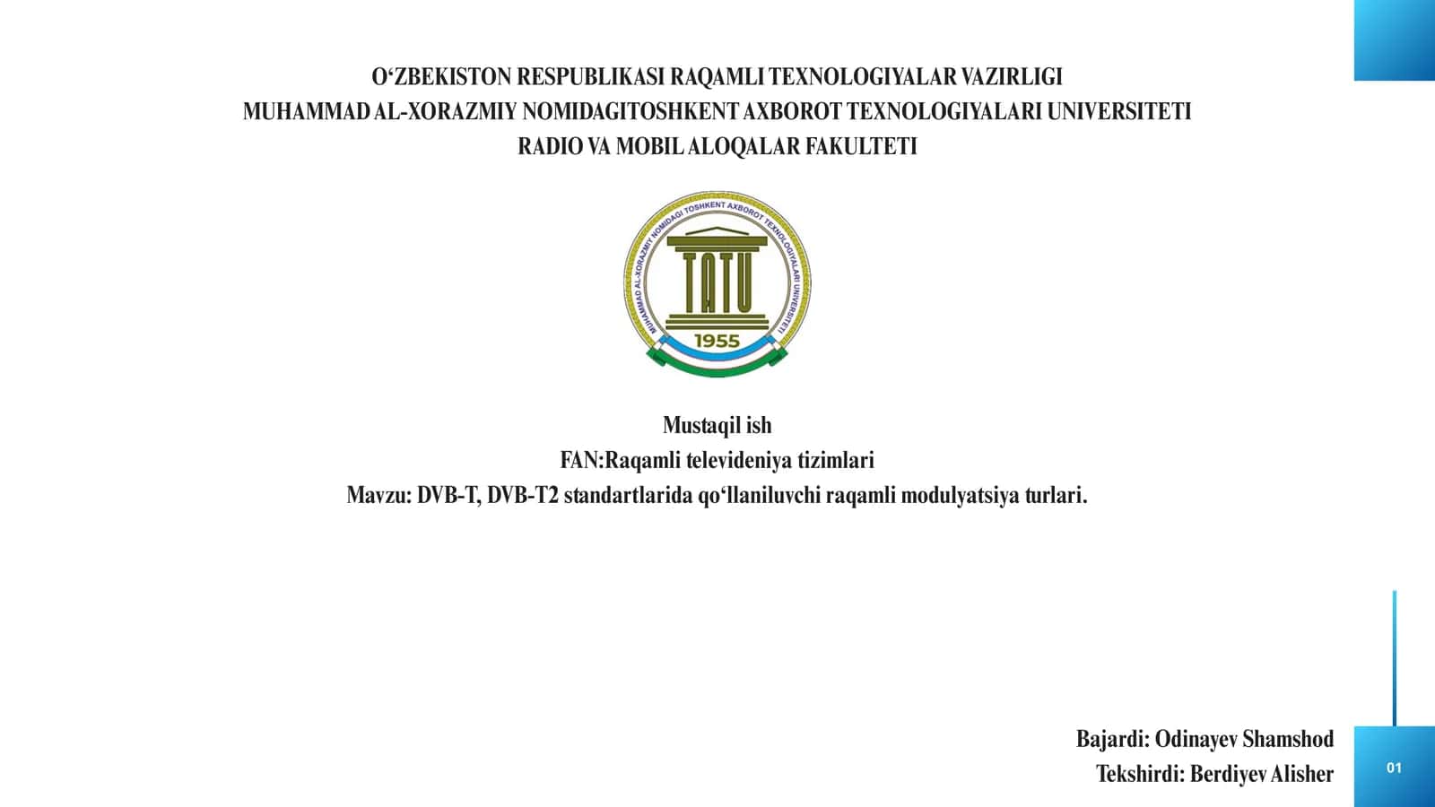 DVB-T, DVB-T2 standartlarida qo‘llaniluvchi raqamli modulyatsiya turlari 1
