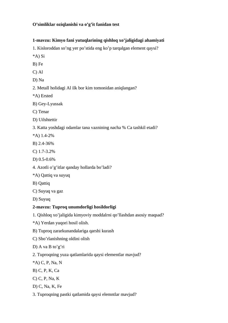 O’simliklar oziqlanishi va o’g’it fanidan test 1