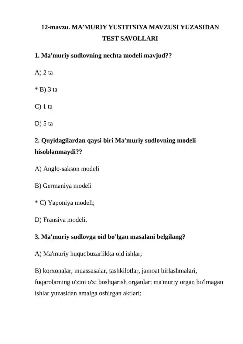 MA’MURIY YUSTITSIYA MAVZUSI YUZASIDAN TEST SAVOLLARI