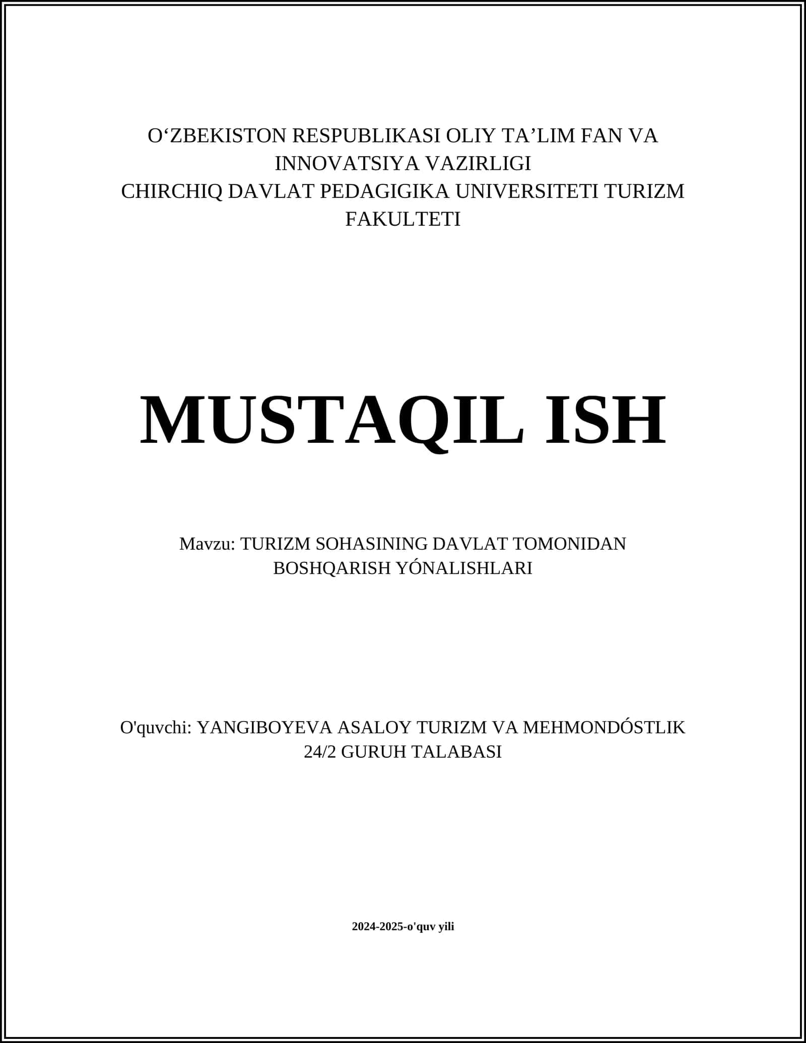 TURIZM SOHASINING DAVLAT TOMONIDAN BOSHQARISH YÓNALISHLARI 1