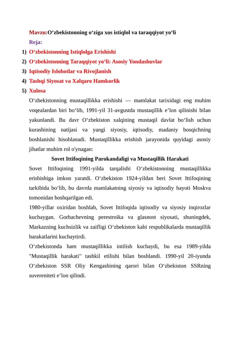 Oʻzbekistonning oʻziga xos istiqlol va taraqqiyot yoʻli 1