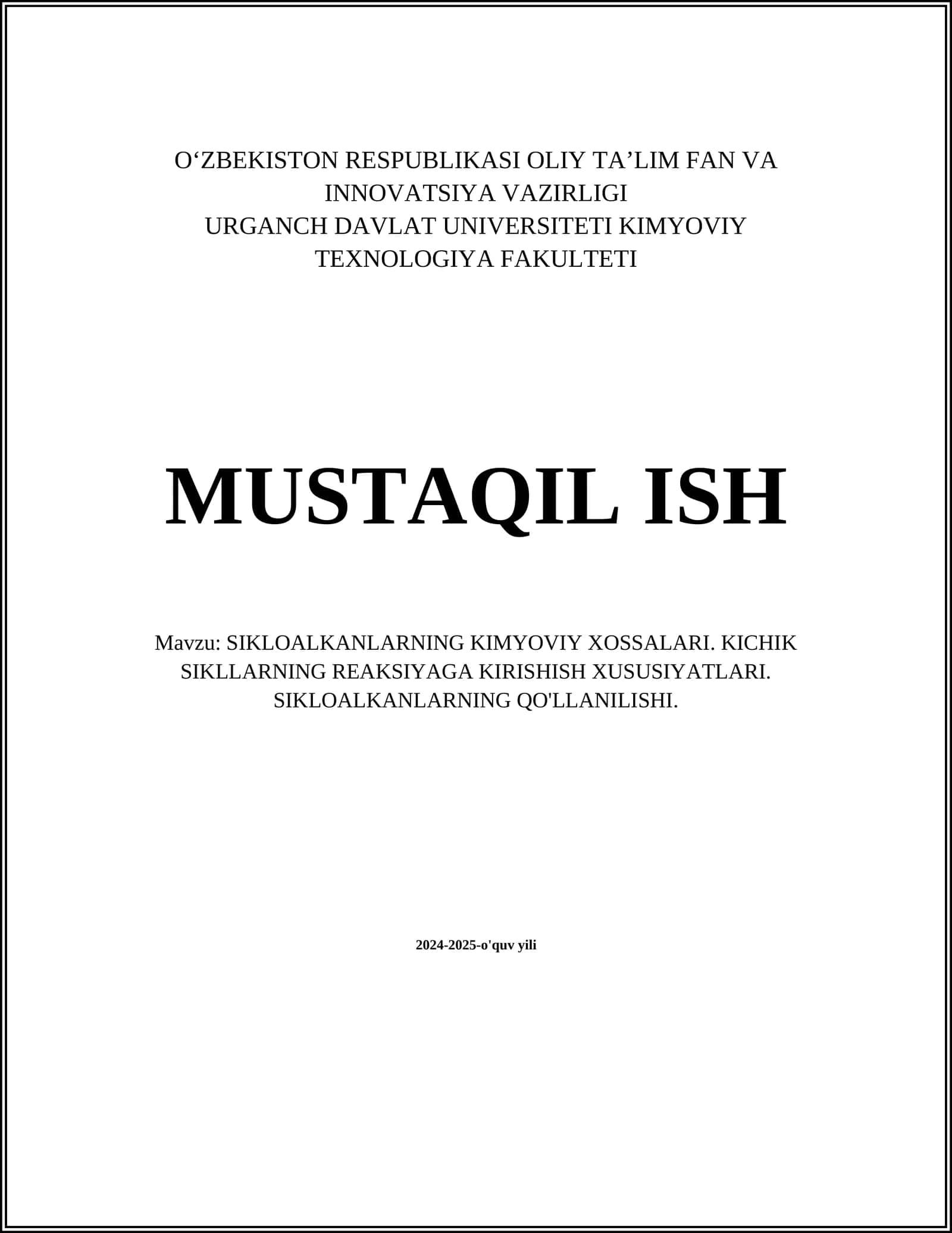 SIKLOALKANLARNING KIMYOVIY XOSSALARI 1