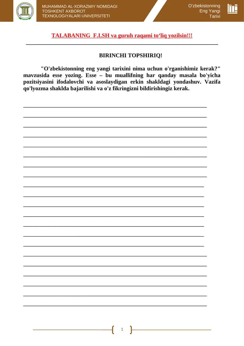 O'zbekistonning eng yangi tarixi fanidan tushadigan topshiriqlar 1