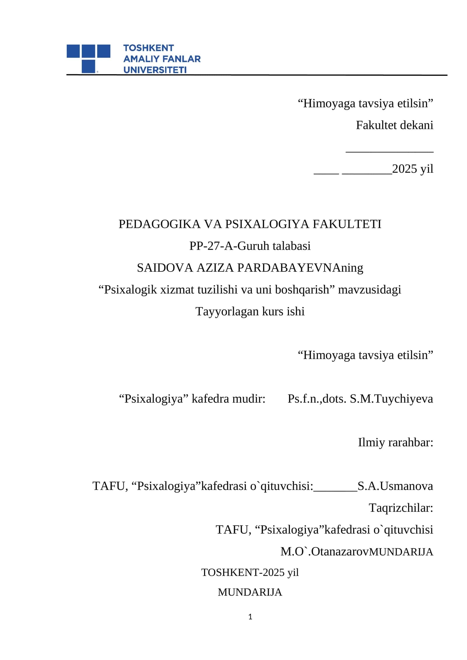Psixalogik xizmat tuzilishi va uni boshqarish 1