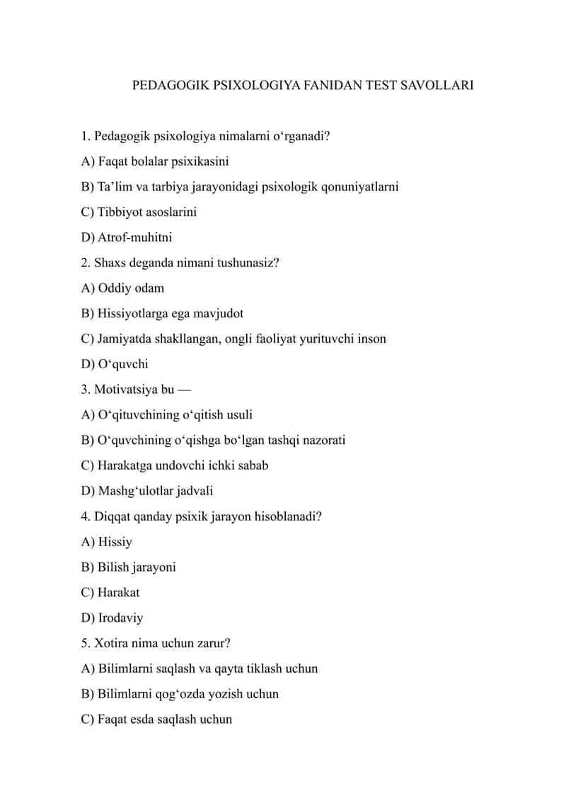 PEDAGOGIK PSIXOLOGIYA FANIDAN TEST SAVOLLARI 1