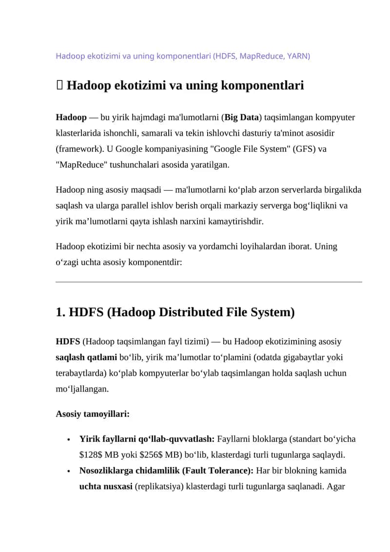 Hadoop ekotizimi va uning komponentlari 1