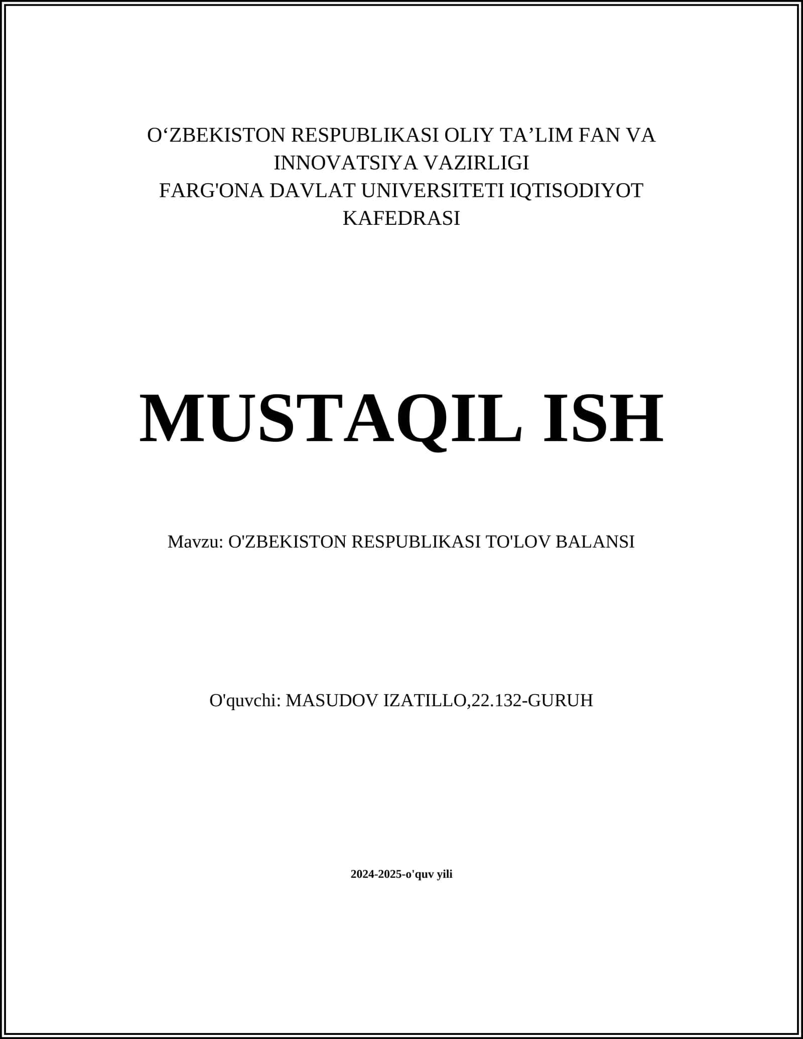 O'ZBEKISTON RESPUBLIKASI TO'LOV BALANSI 1