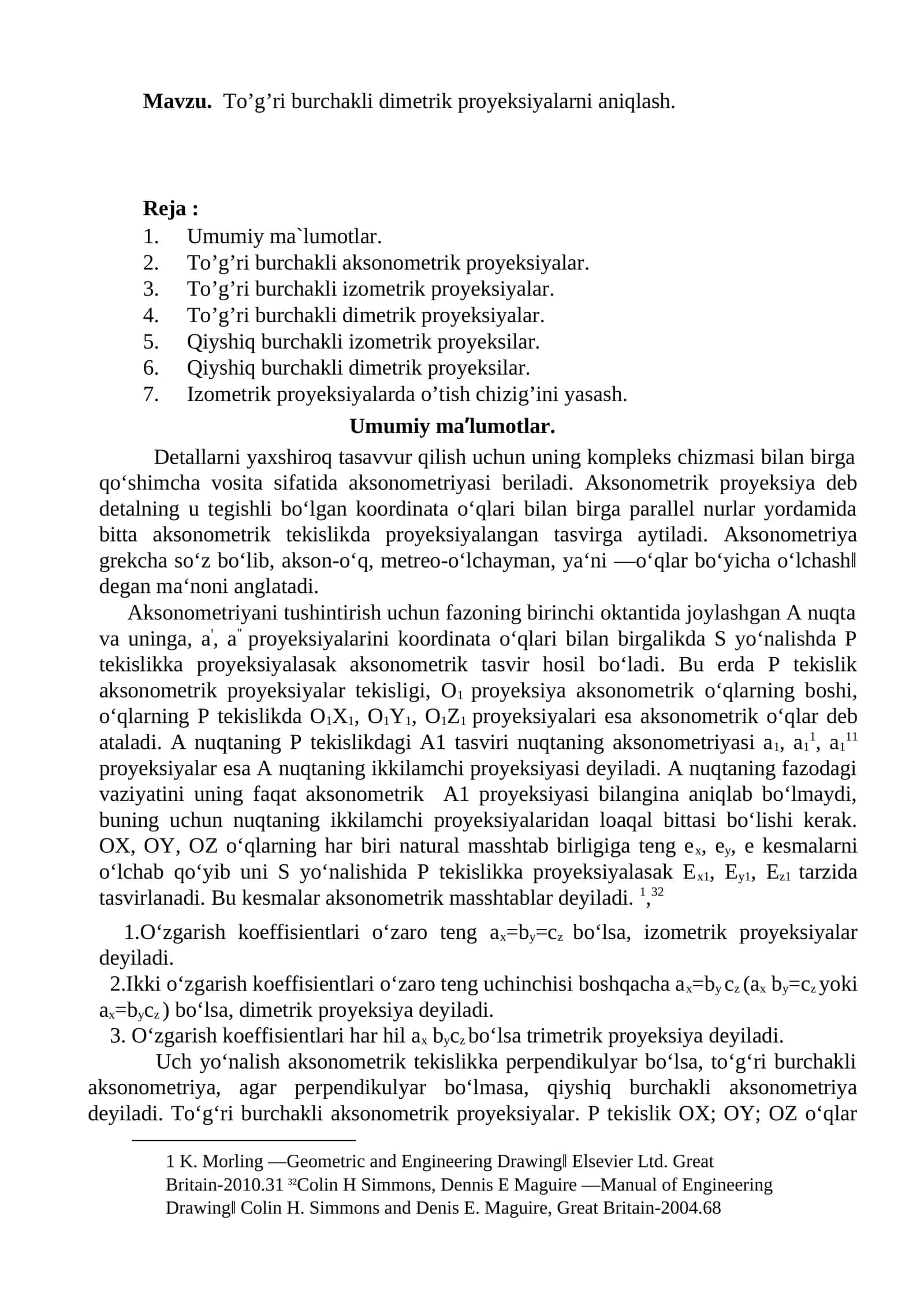 To’g’ri burchakli dimetrik proyeksiyalarni aniqlash 1