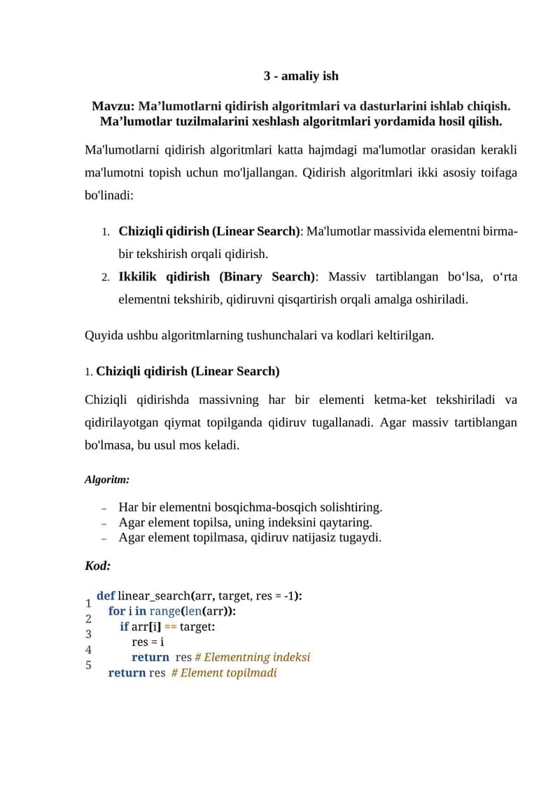 Ma’lumotlarni qidirish algoritmlari va dasturlarini ishlab chiqish. Ma’lumotlar tuzilmalarini xeshlash algoritmlari yordamida hosil qilish. 1