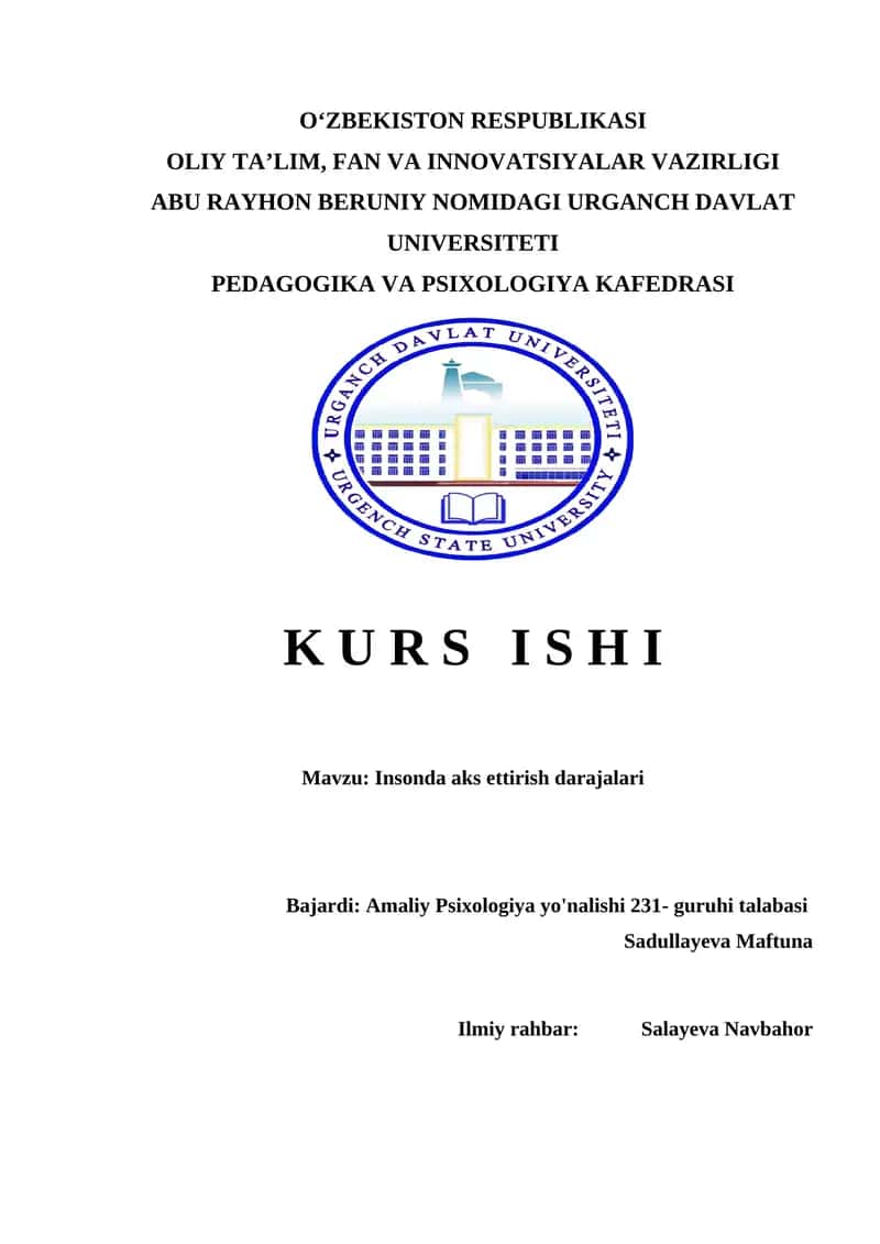 Insonda aks ettirish darajalari           Insonda aks ettirish darajalari kurs ishi 1