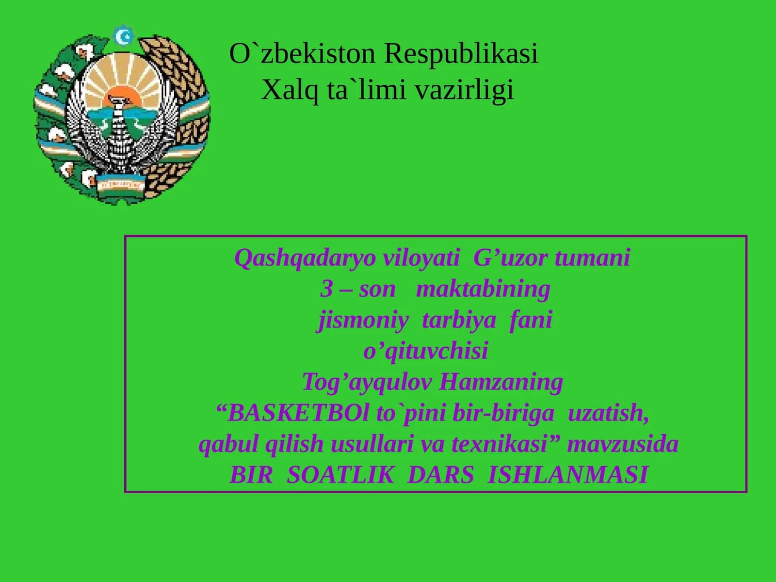 8-sinf Jismoniy tarbiya fanidan Basketbolda to'pini bir biriga uzatish, qabul qilish usullari va texnikasi dars ishlanma 1