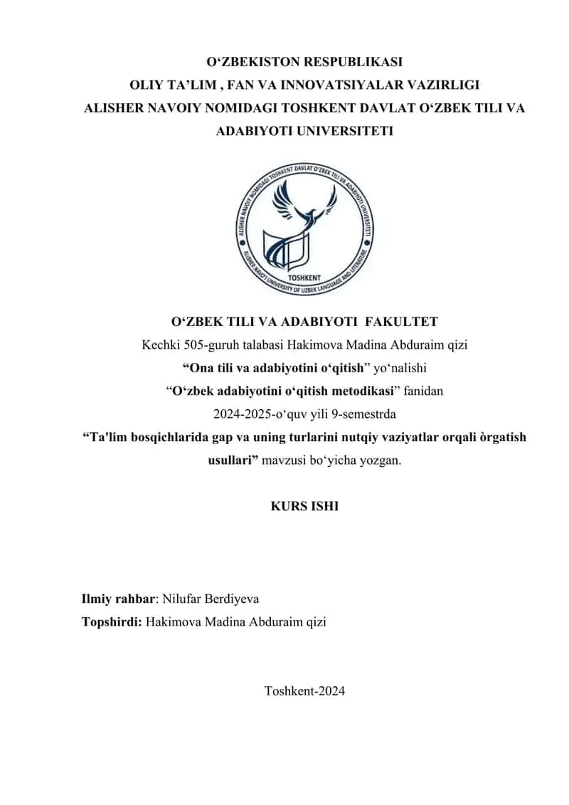 Oʻzbek adabiyotini oʻqitish metodikasi 1