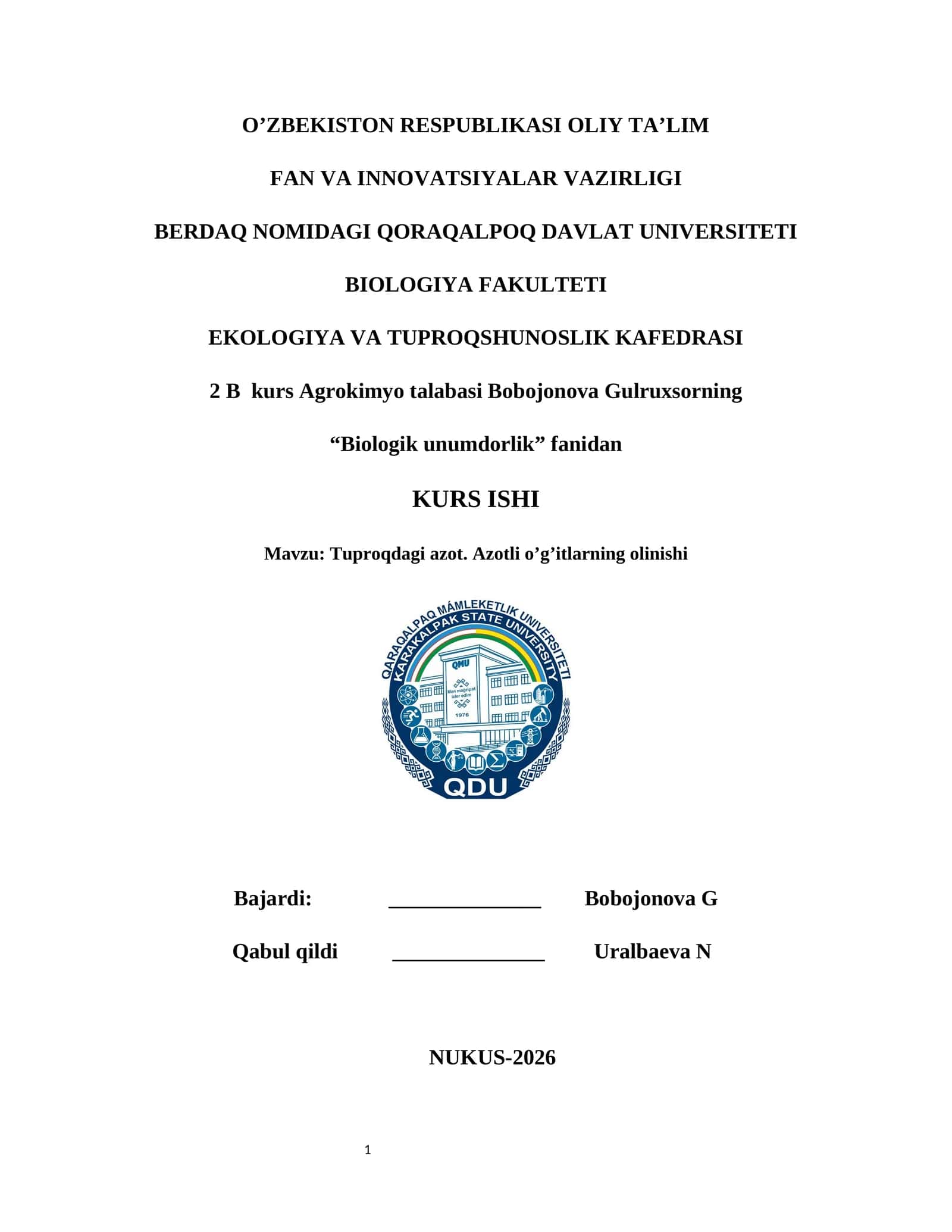 Tuproqdagi azot. Azotli o’g’itlarning olinishi 1