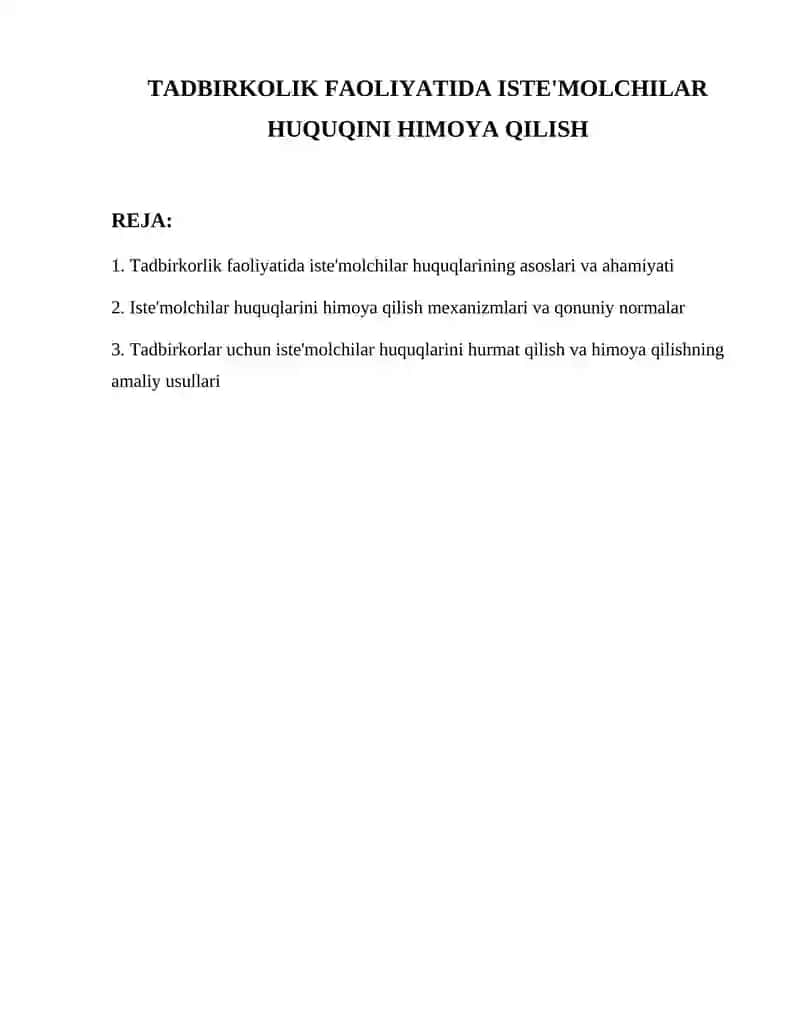 Tadbirkolik Faoliyatida Istemolchilar Huquqini Himoya Qilish