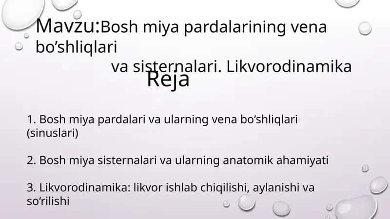 Bosh miya pardalarining vena bo’shliqlari va sisternalari. Likvorodinamika 1