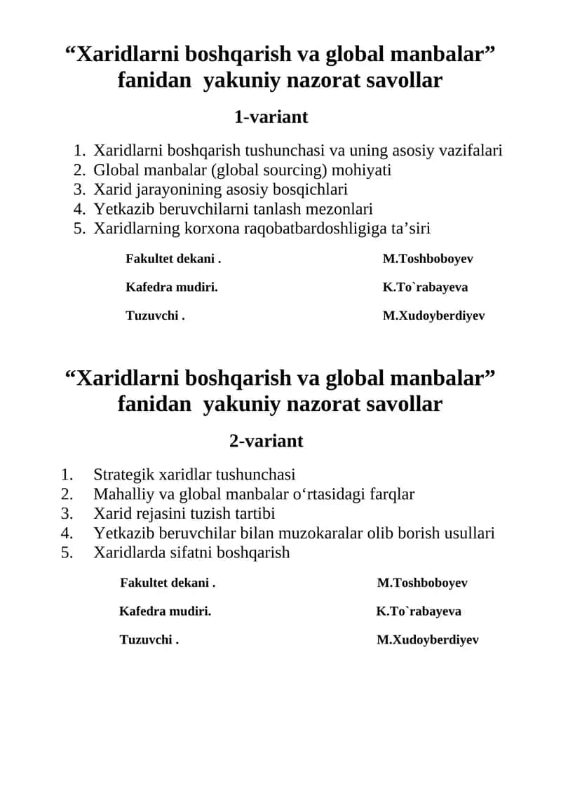 Xaridlarni boshqarish va global manbalar 1