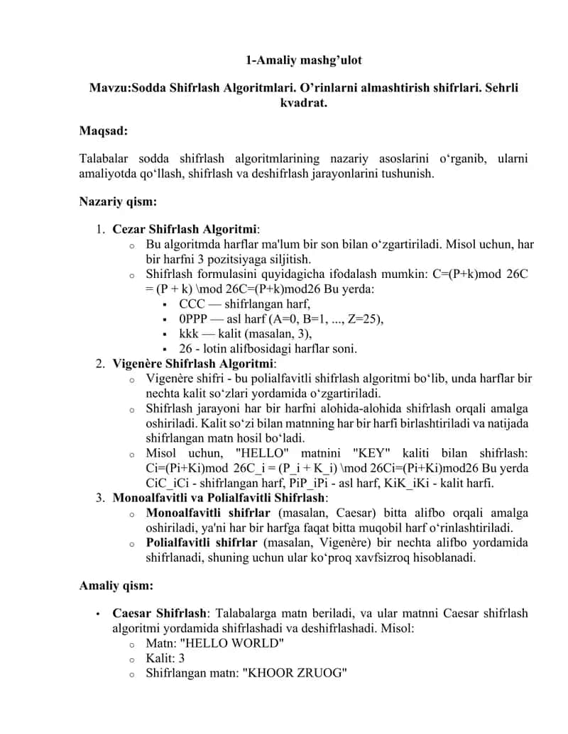 Sodda Shifrlash Algoritmlari 1