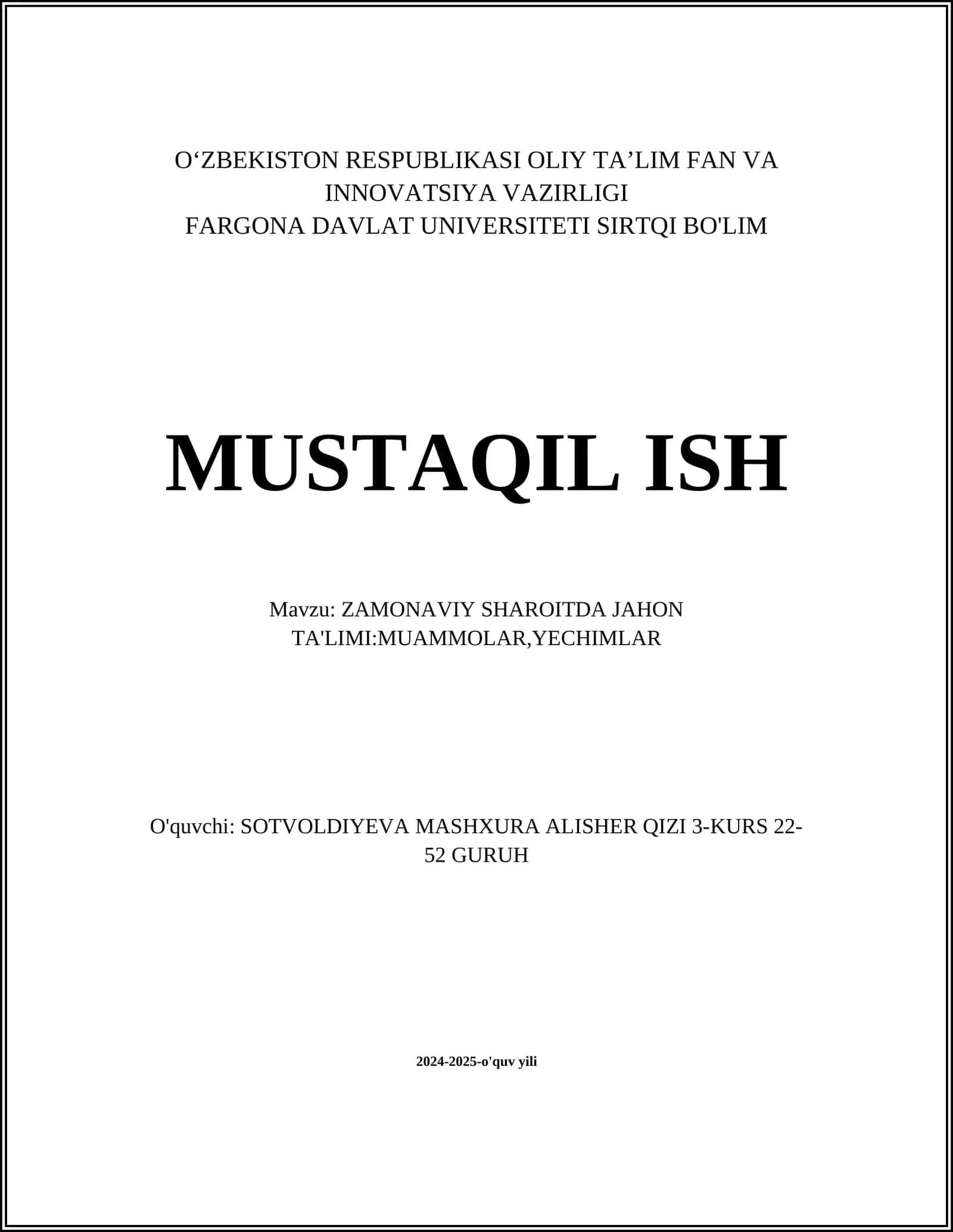 ZAMONAVIY SHAROITDA JAHON TA'LIMI:MUAMMOLAR,YECHIMLAR 1