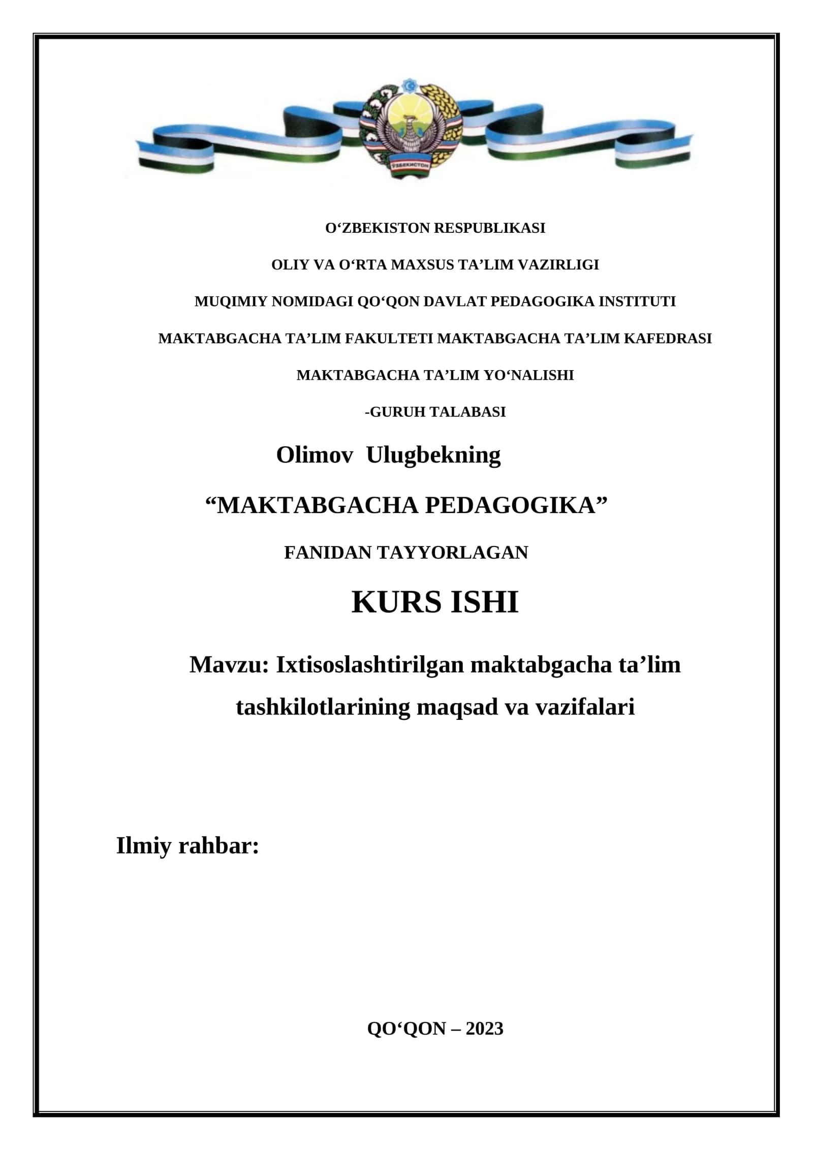 MAKTABGACHA PEDAGOGIKA KURS ISHI 1
