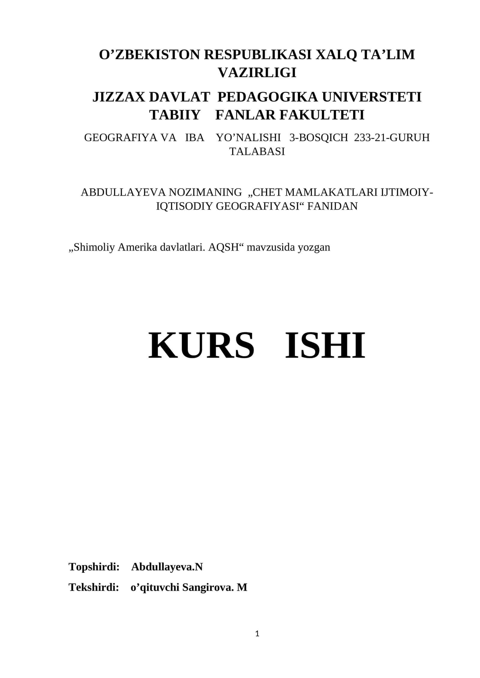 Shimoliy Amerika davlatlari. AQSH 1