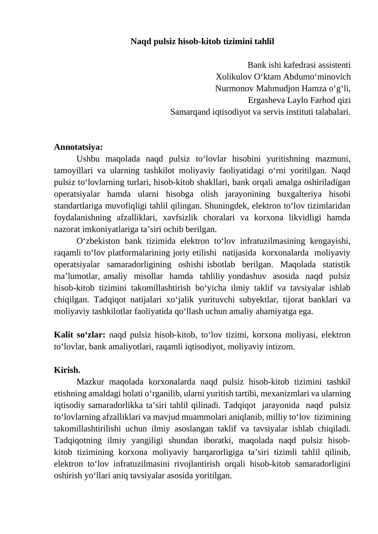 Naqd pulsiz hisob tizimi maqola 1