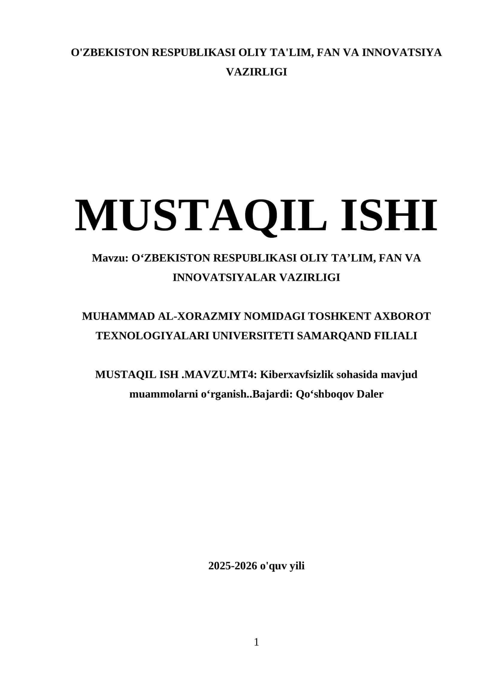 Muhammad al-Xorazmiy nomidagi Toshkent Axborot texnologiyalari universiteti Samarqand filiali mustaqil ish 1