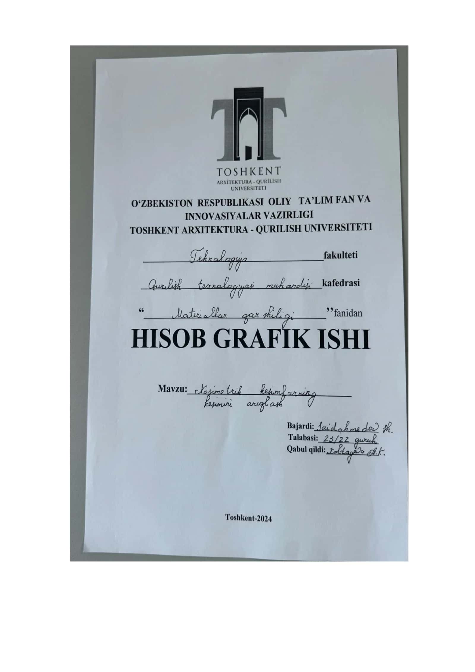 hisob girafik ishi. nosmetrik kesimlarni kesimini aniqlash. 1