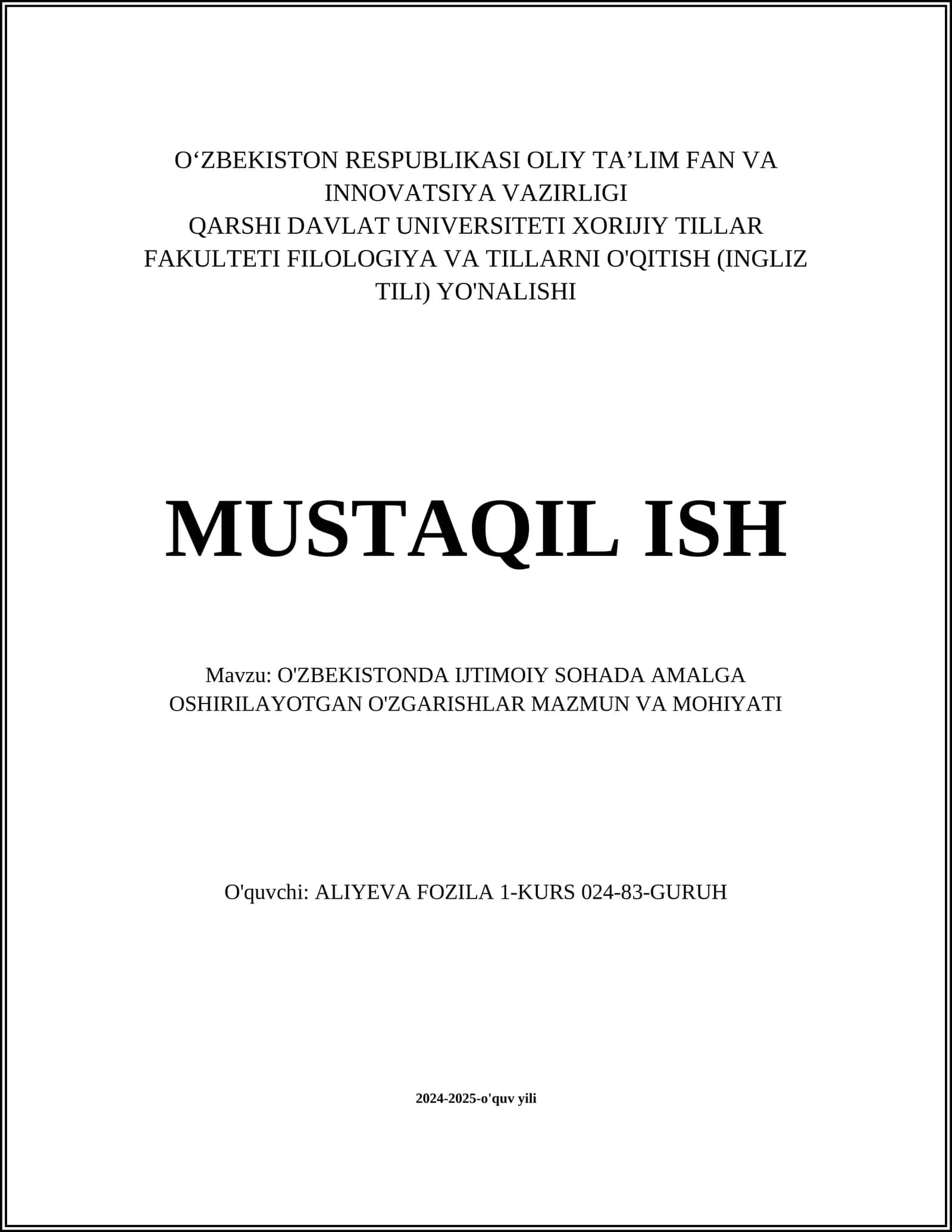 O'ZBEKISTONDA IJTIMOIY SOHADA AMALGA OSHIRILAYOTGAN O'ZGARISHLAR MAZMUN VA MOHIYATI 1
