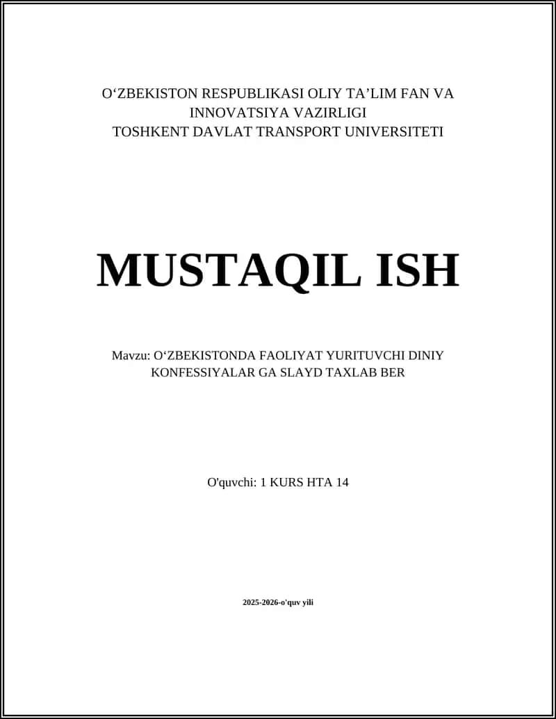 OʻZBEKISTONDA FAOLIYAT YURITUVCHI DINIY KONFESSIYALAR GA SLAYD TAXLAB BER 1
