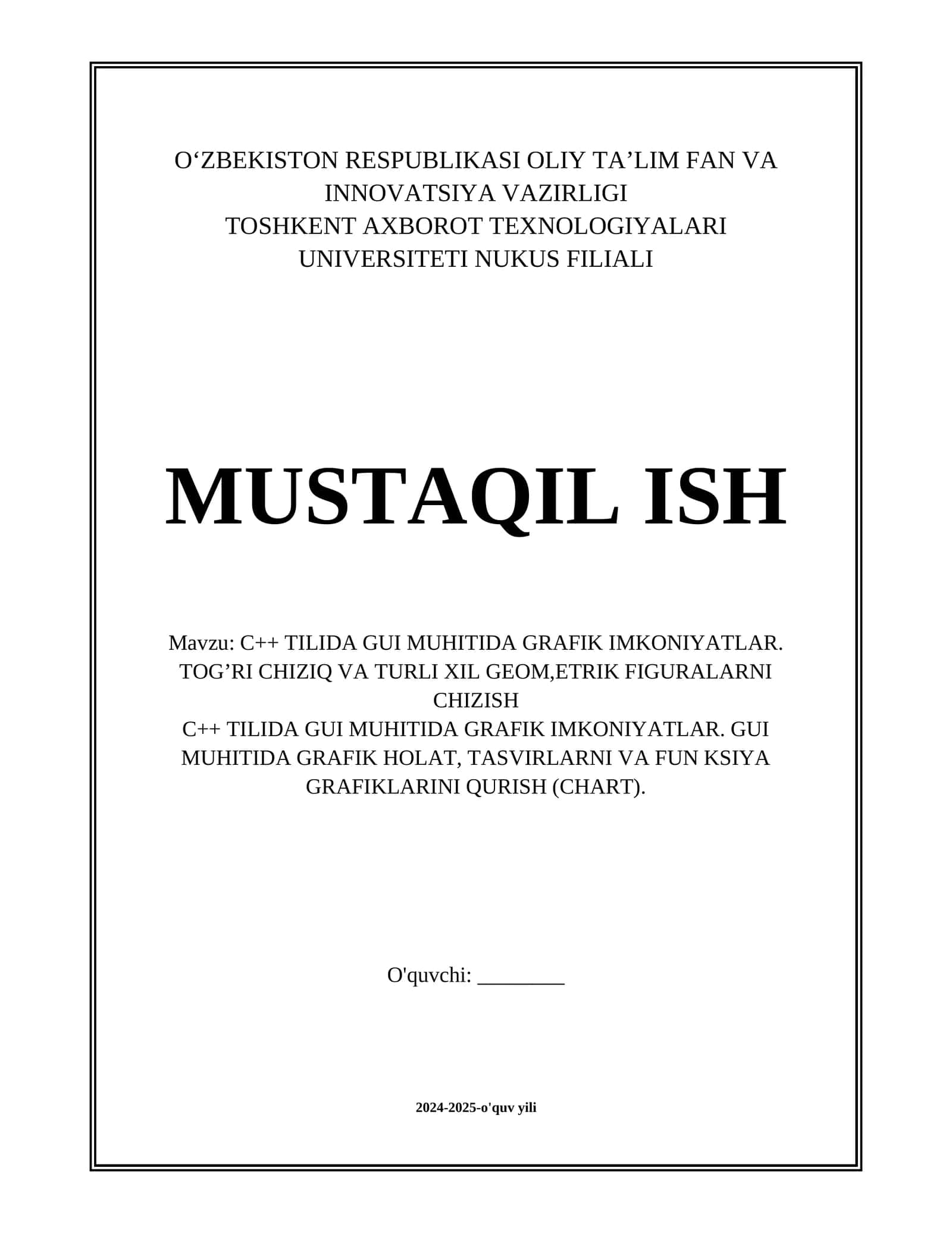 C++ TILIDA GUI MUHITIDA GRAFIK IMKONIYATLAR. TOG’RI CHIZIQ VA TURLI XIL GEOM,ETRIK FIGURALARNI CHIZISH C++ TILIDA GUI MUHITIDA GRAFIK IMKONIYATLAR. GUI MUHITIDA GRAFIK HOLAT, TASVIRLARNI VA FUN KSIYA GRAFIKLARINI QURISH (CHART). 1
