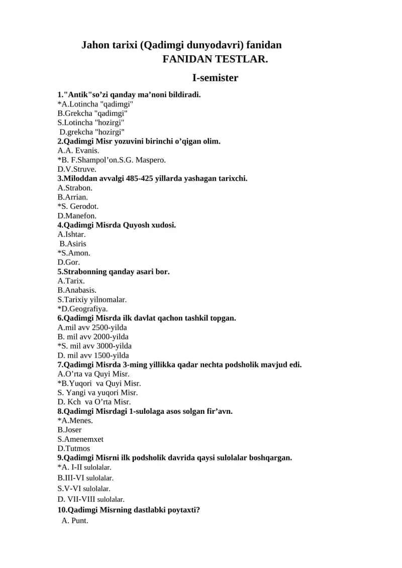 Jahon tarixi (Qadimgi dunyodavri) fanidan 1