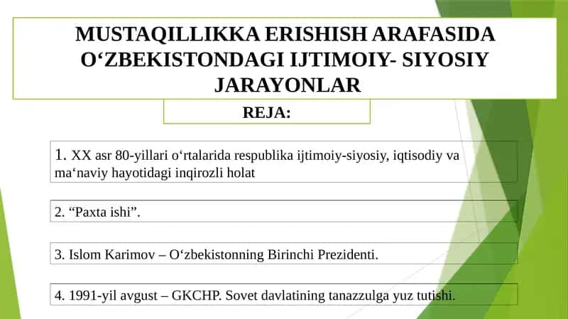 MUSTAQILLIKKA ERISHISH ARAFASIDA OʻZBEKISTONDAGI IJTIMOIY- SIYOSIY JARAYONLAR 1