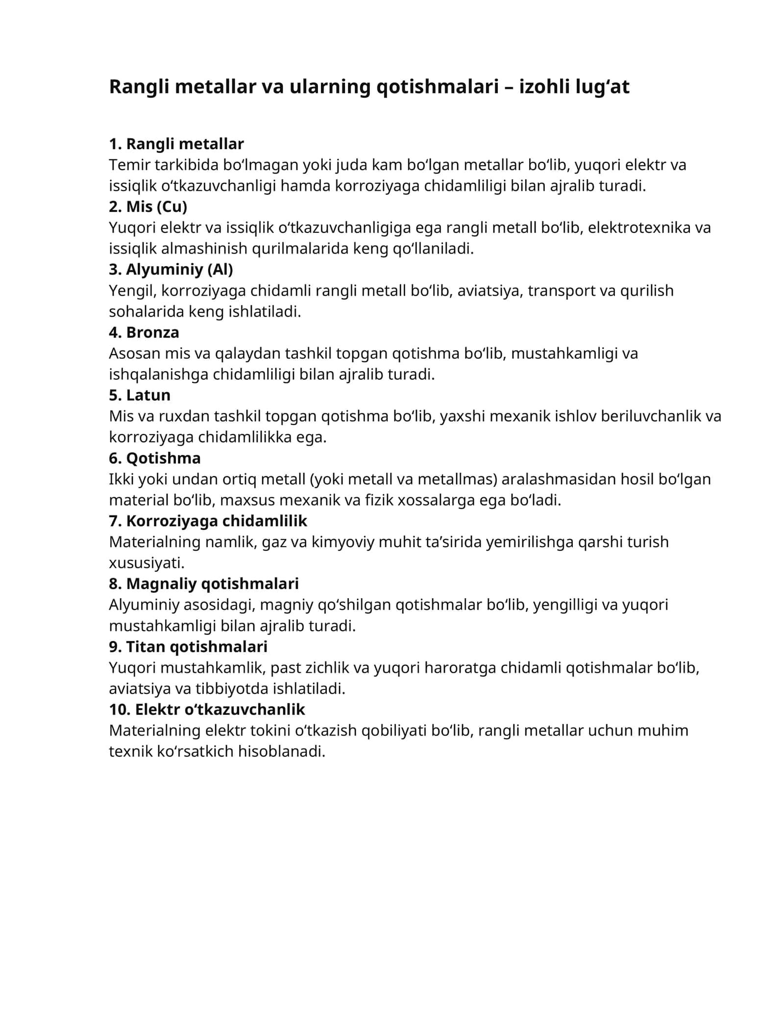 Rangli metallar va ularning qotishmalari – izohli lug‘at 1