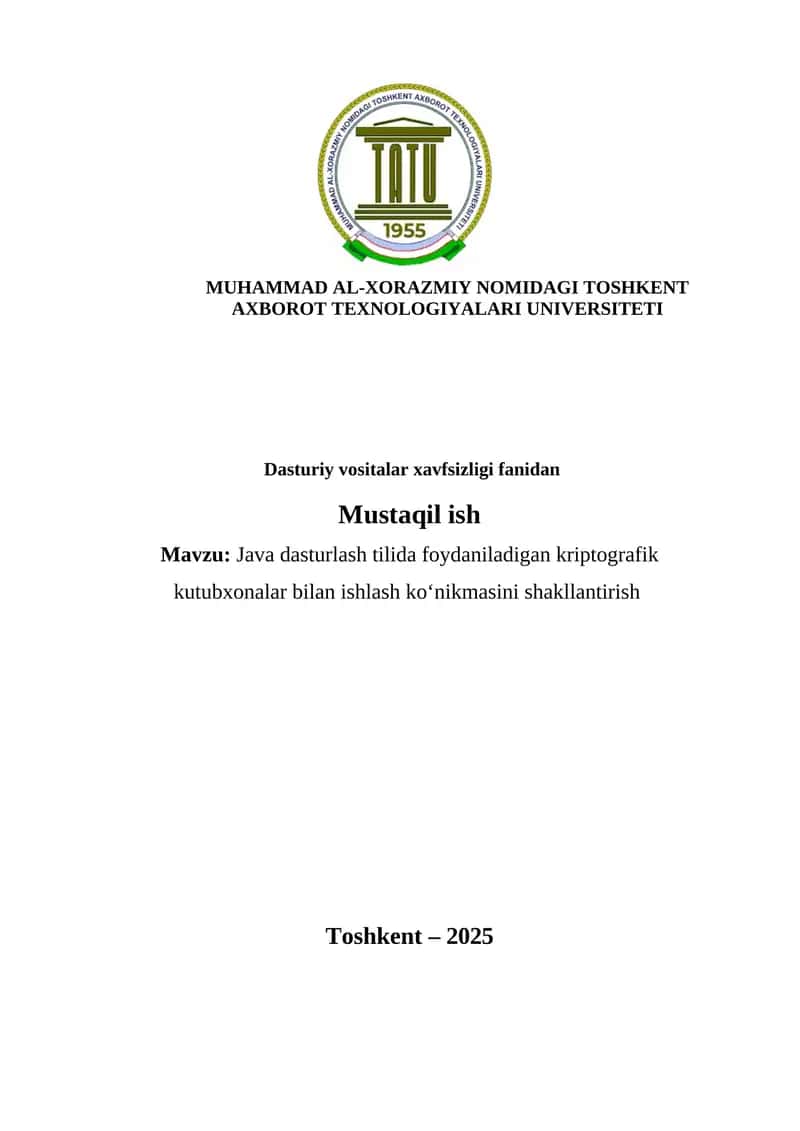 Java dasturlash tilida foydaniladigan kriptografik kutubxonalar bilan ishlash ko‘nikmasini shakllantirish 1