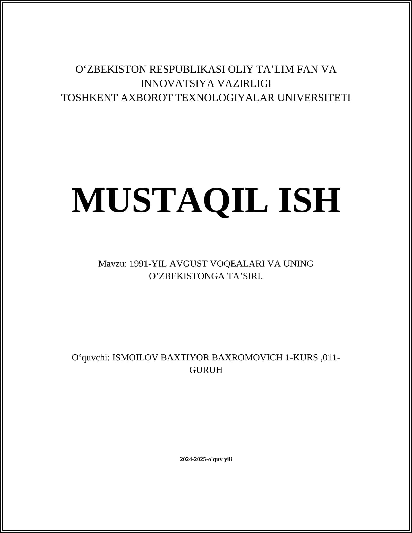 1991-YIL AVGUST VOQEALARI VA UNING O’ZBEKISTONGA TA’SIRI 1