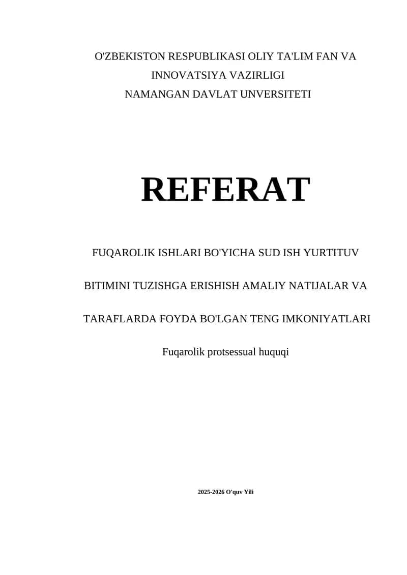Fuqarolik Ishlari Bo'yicha Sud Ish Yurtituvini Tuzish 1