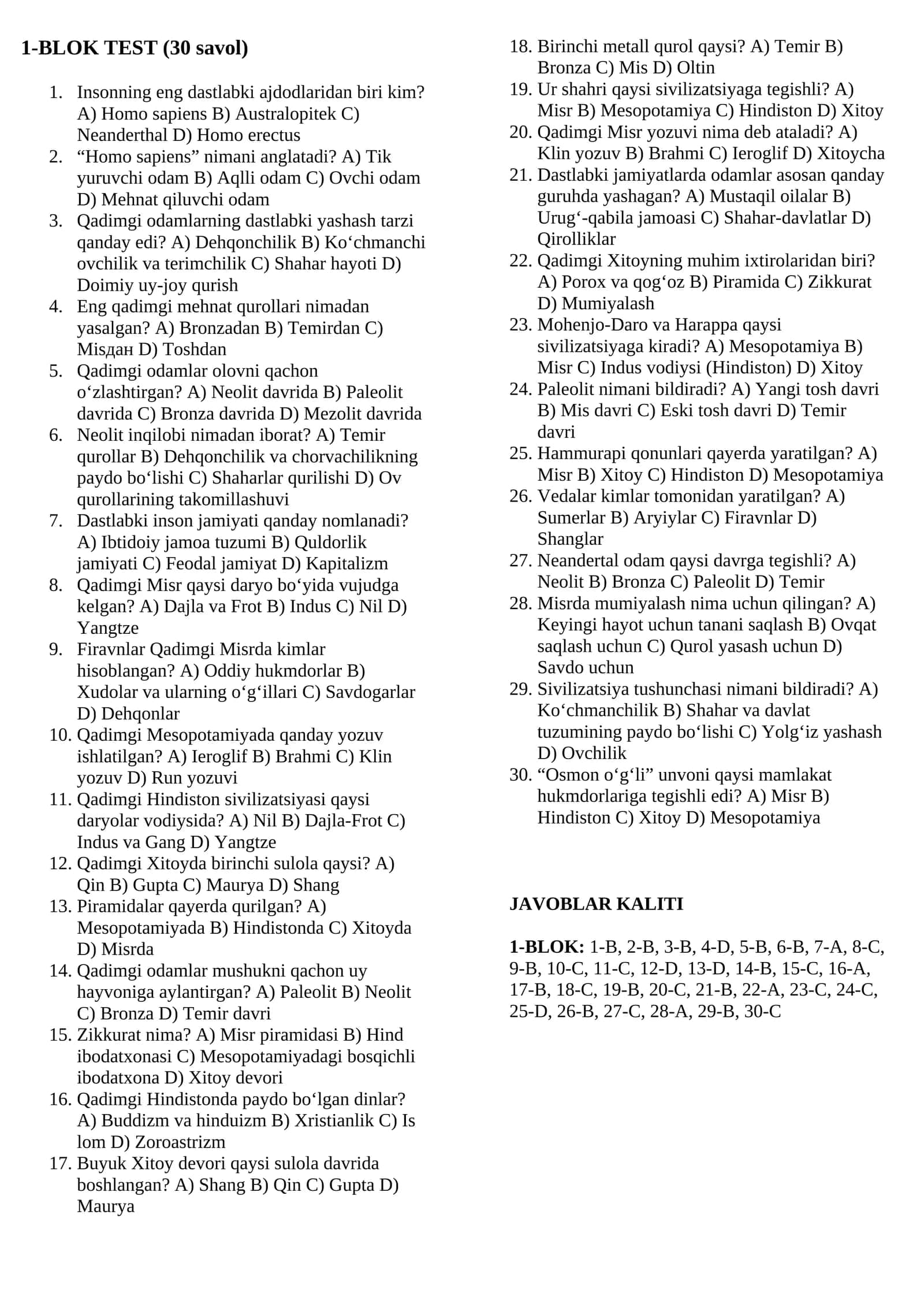 5-sinf Tarix1-BLOK TEST (30 savol) 1
