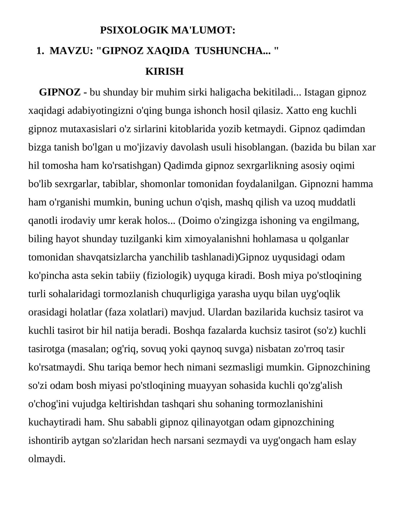 "GIPNOZ XAQIDA TUSHUNCHA... " 1