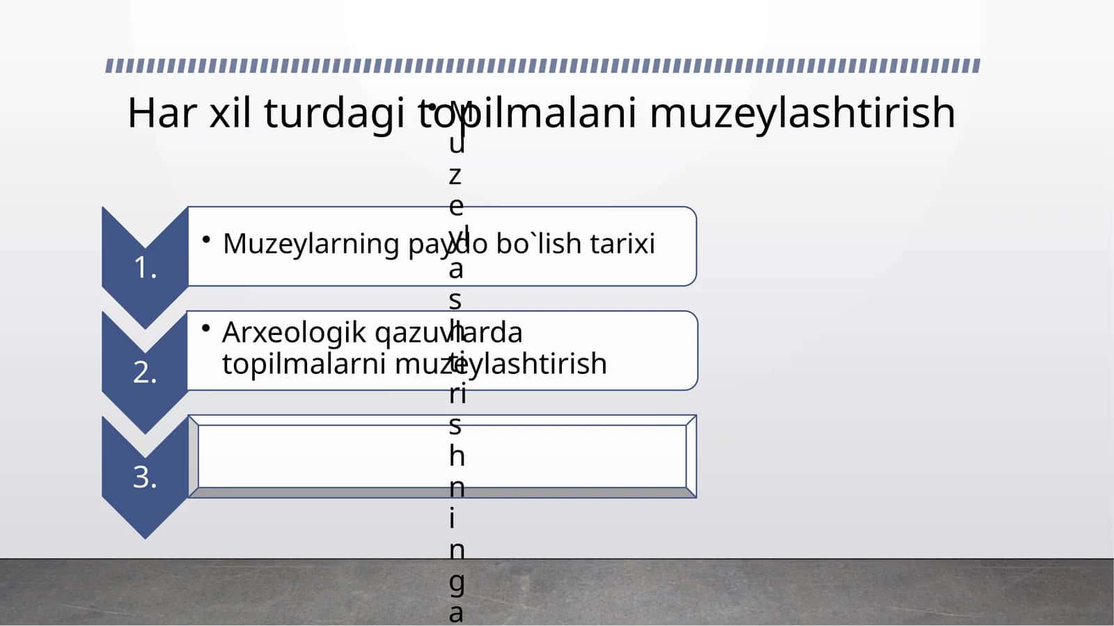 Har xil turdagi topilmalarni muzeylashtirish 1