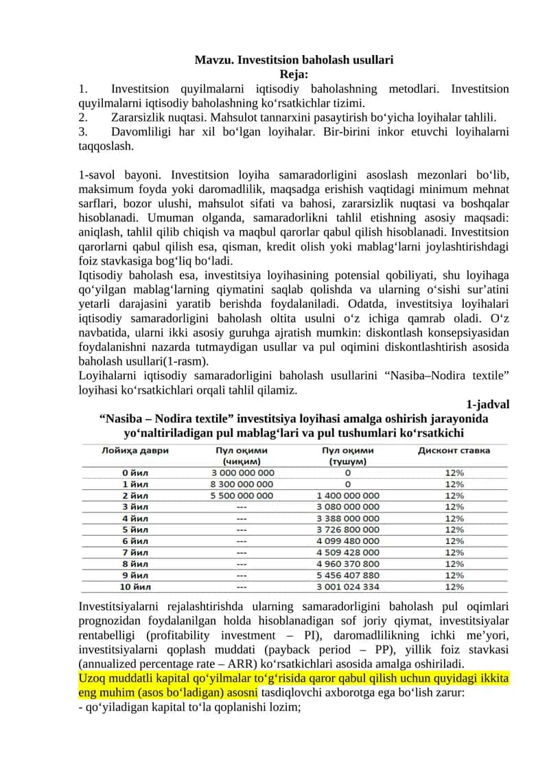 Investitsion baholash usullari 1