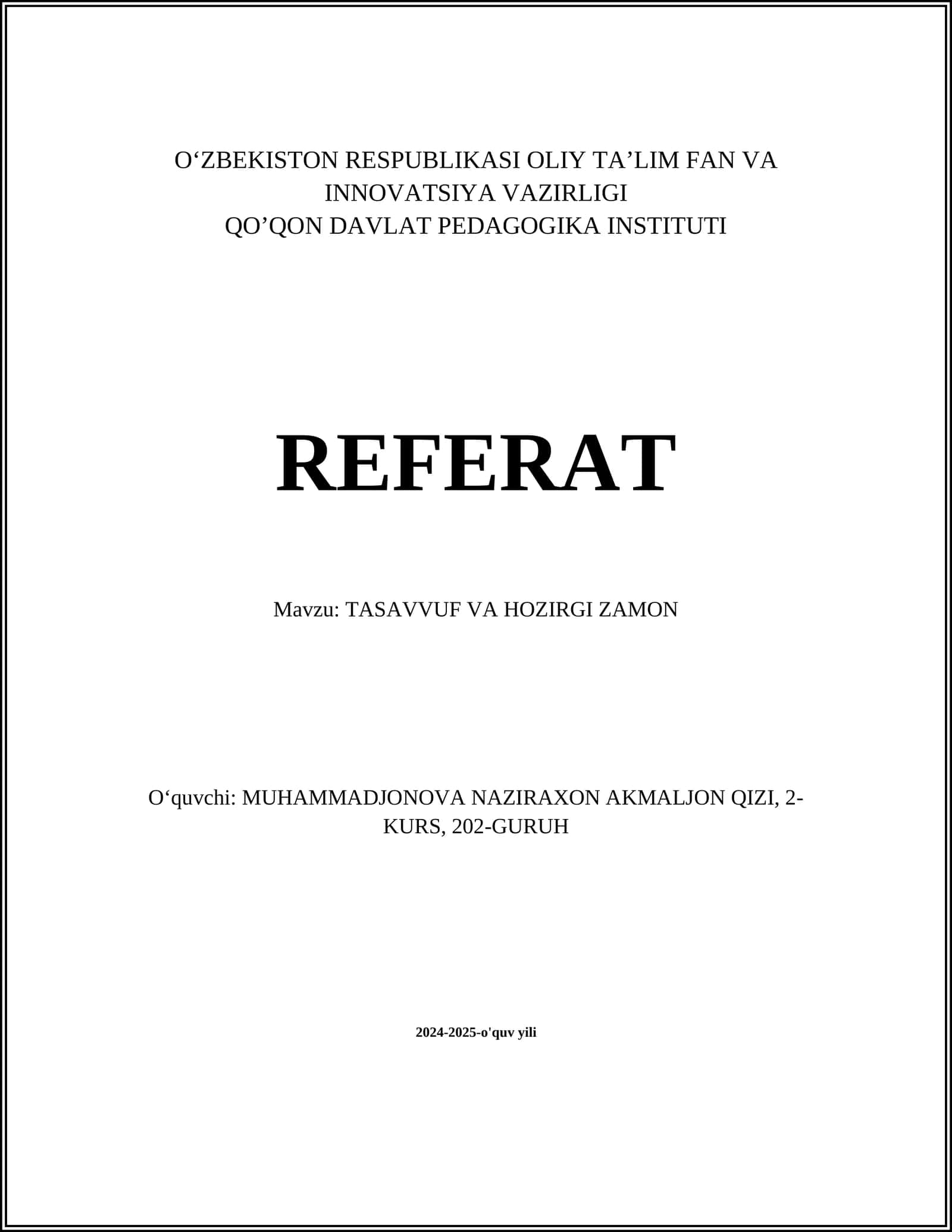 TASAVVUF VA HOZIRGI ZAMON 1