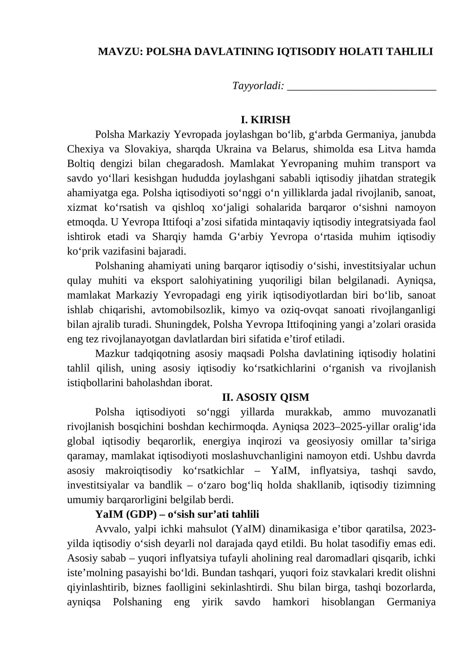 POLSHA DAVLATINING IQTISODIY HOLATI TAHLILI 1