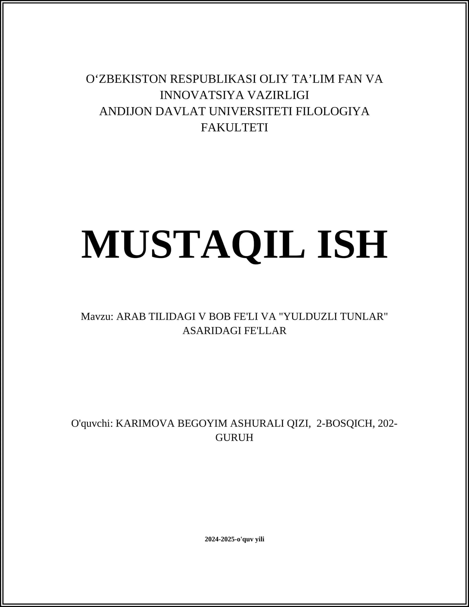 ARAB TILIDAGI V BOB FE'LI VA "YULDUZLI TUNLAR" ASARIDAGI FE'LLAR 1