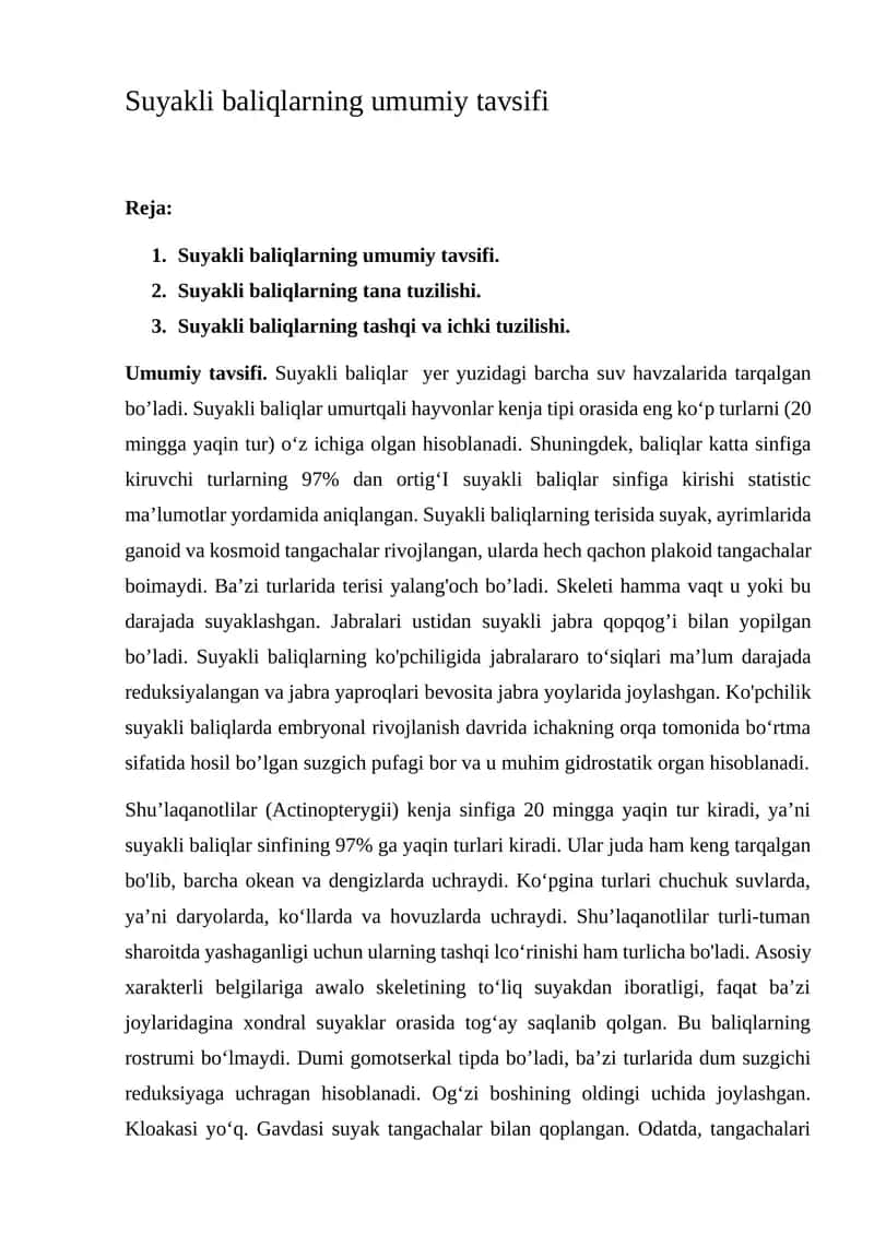 Suyakli baliqlarning umumiy tavsifi 1