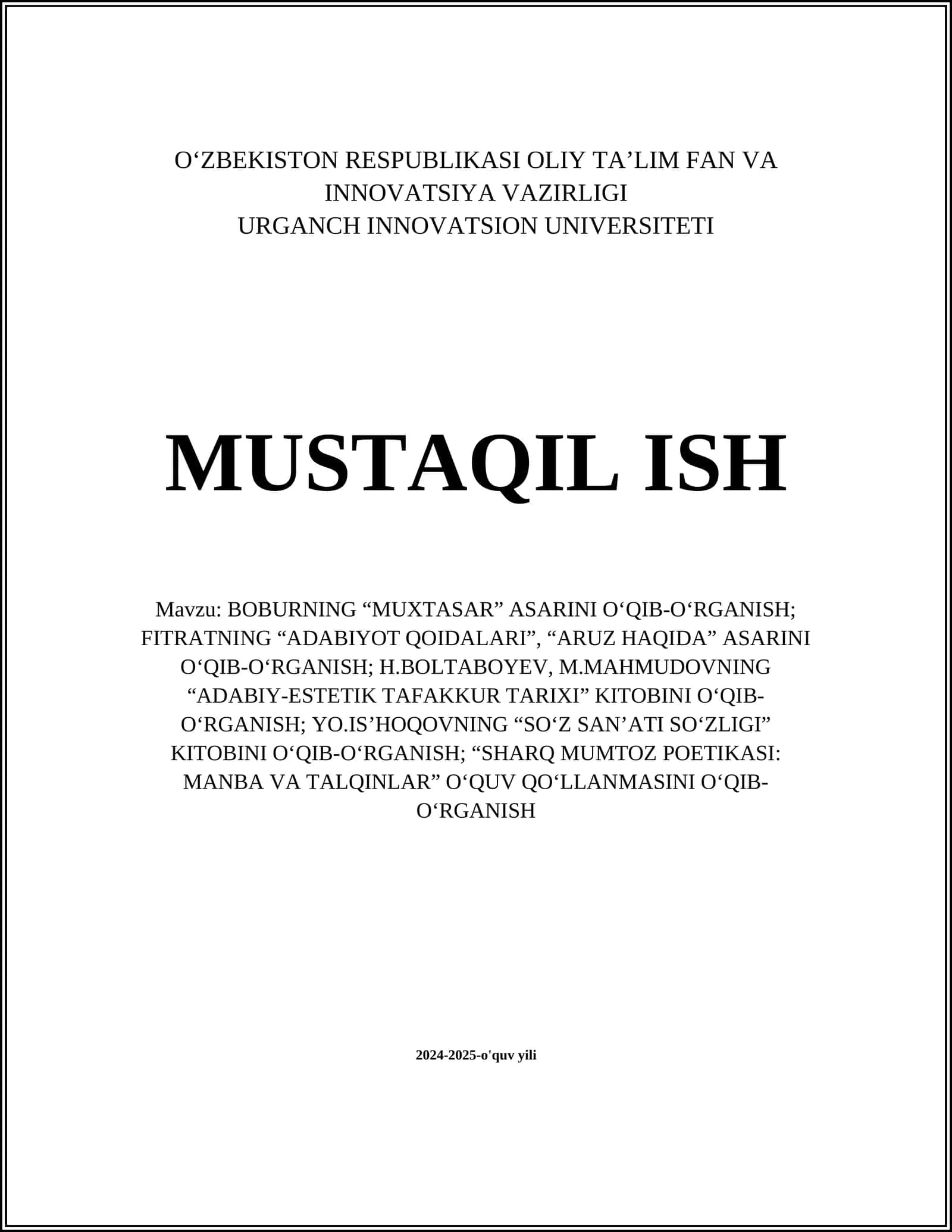 BOBURNING “MUXTASAR” ASARINI O‘QIB-O‘RGANISH 1