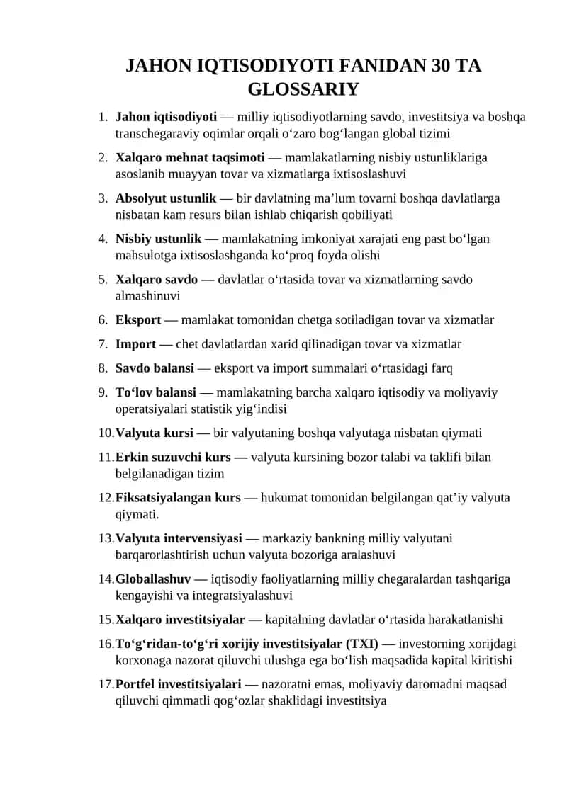 Jahon iqtisodiyoti fanidan 30 ta glossariy 1